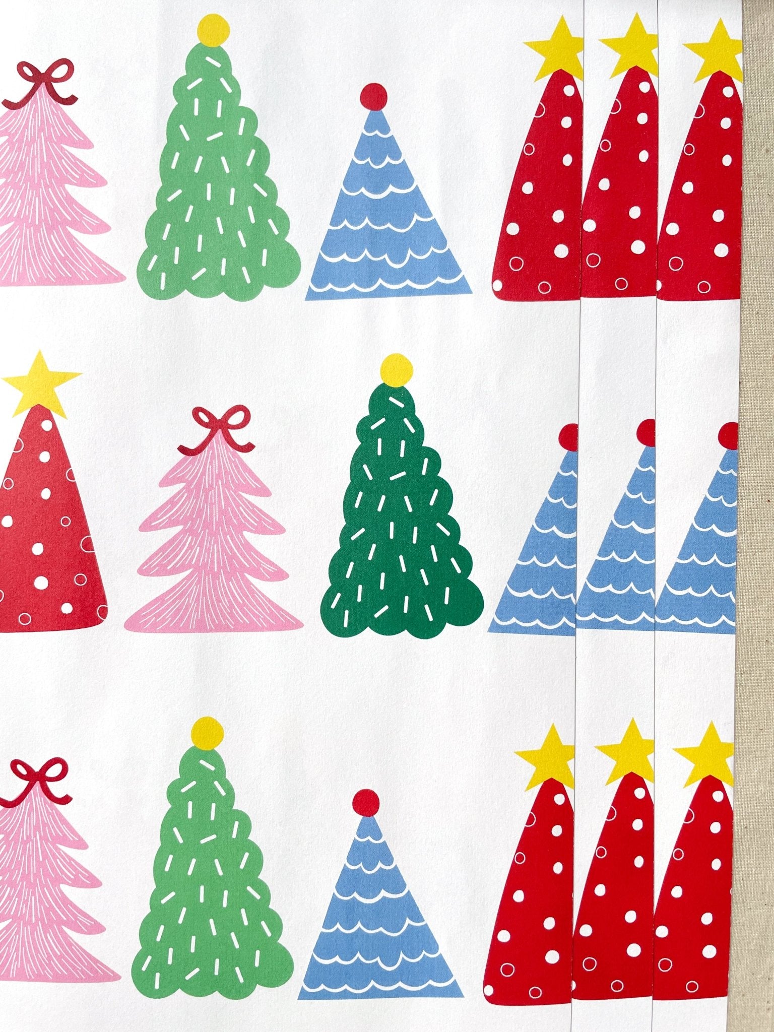 Red, Green, Blue, & Pink Christmas Tree Wrapping Paper