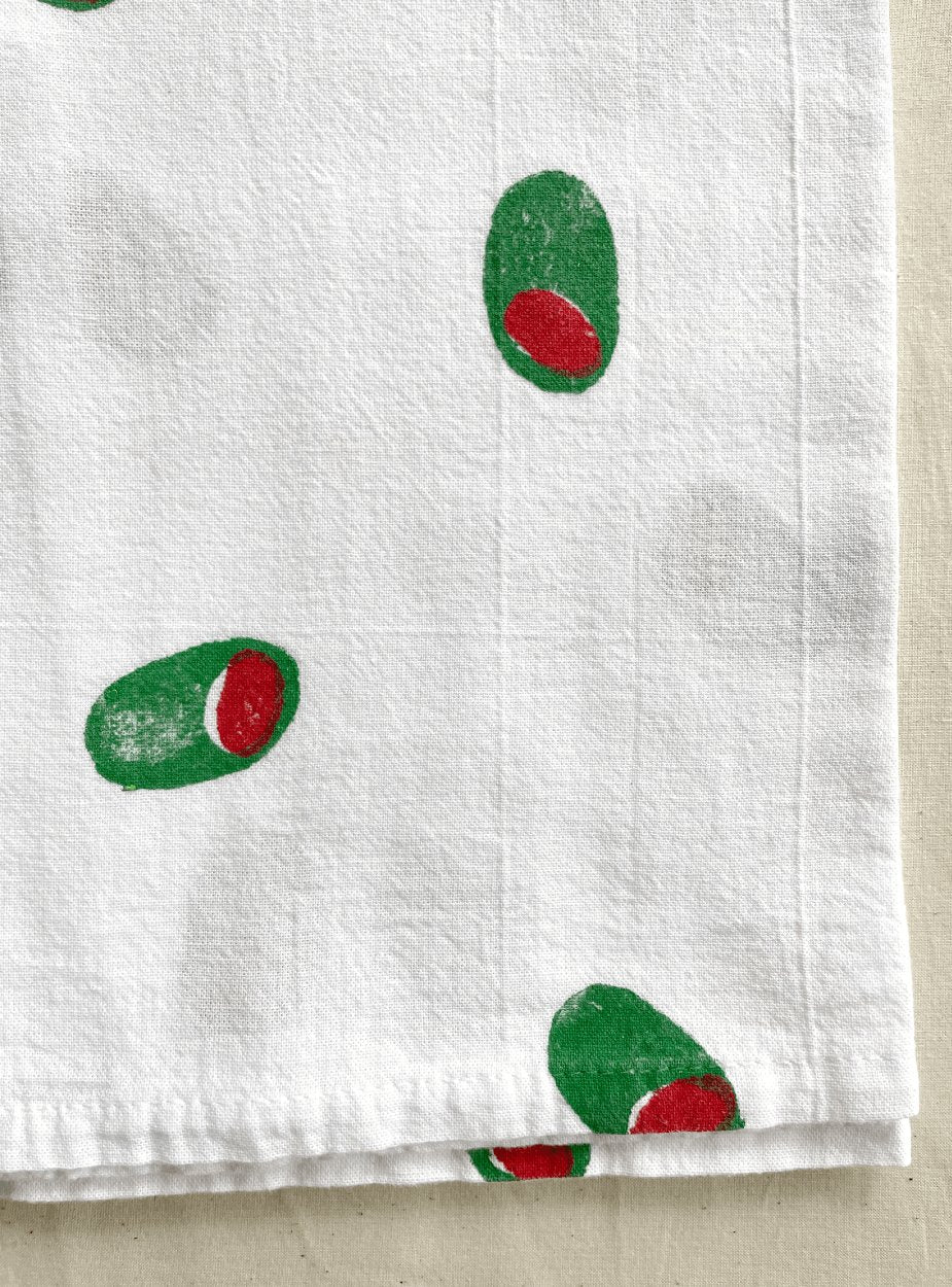 Olive Block Print Tea Towel