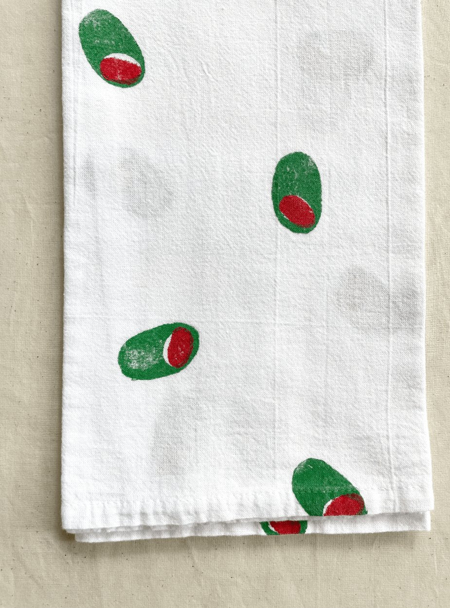 Olive Block Print Tea Towel
