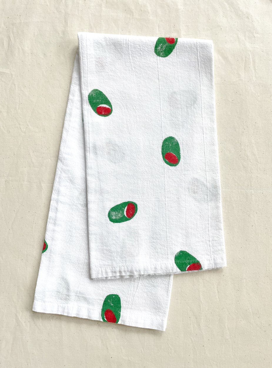 Olive Block Print Tea Towel