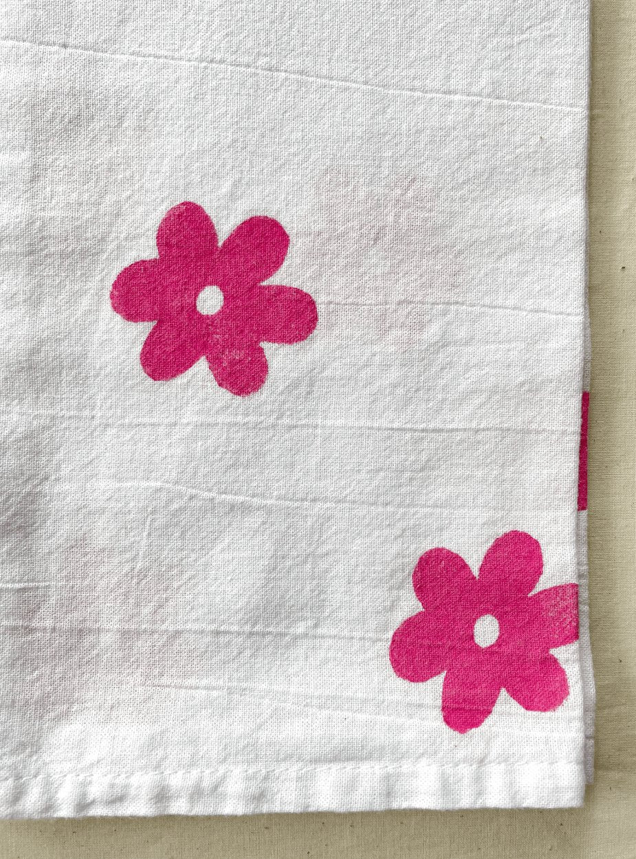 Flower Block Print Tea Towel