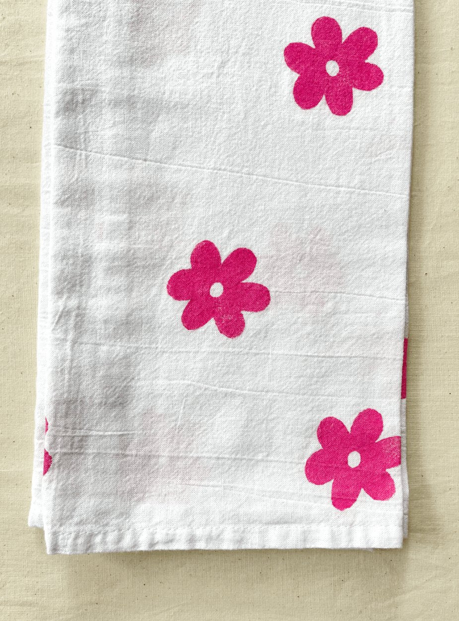 Flower Block Print Tea Towel