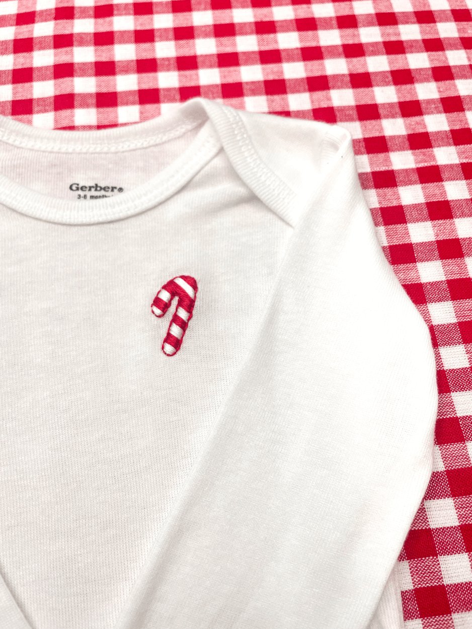 Candy Cane Hand Embroidered Baby Bodysuit