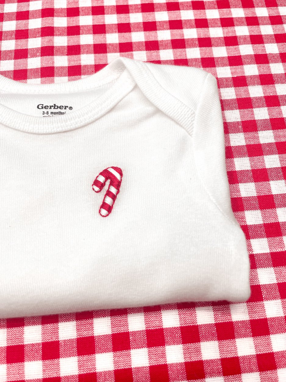 Candy Cane Hand Embroidered Baby Bodysuit