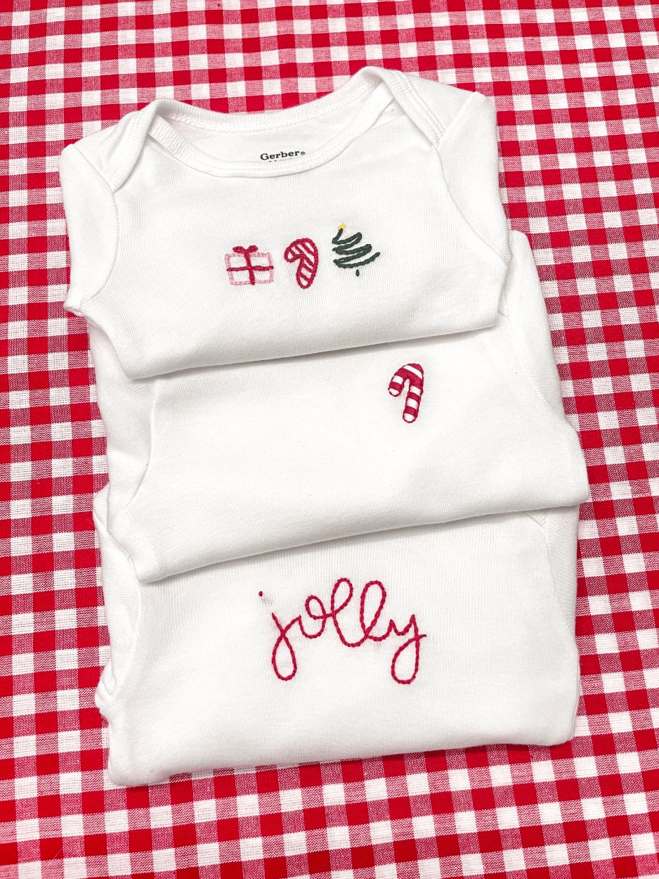 Christmas Trio Hand Embroidered Baby Bodysuit