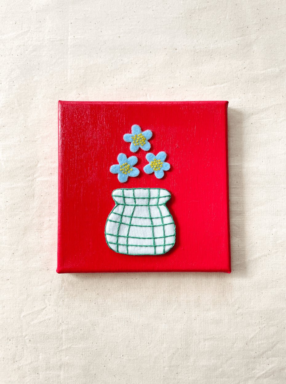 Flowers and Red Hand Embroidery on Canvas, 6 x 6