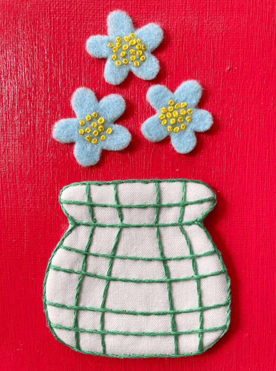 Flowers and Red Hand Embroidery on Canvas, 6 x 6