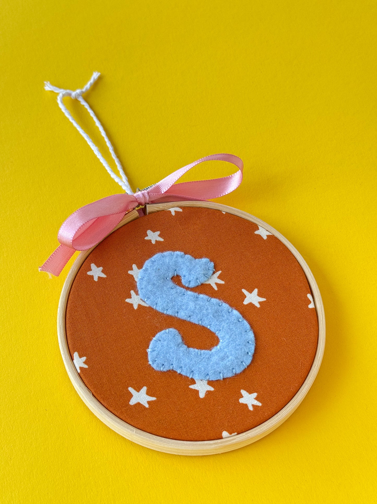 "S" Initial Hand Embroidered Felt Ornament | 4" Hoop