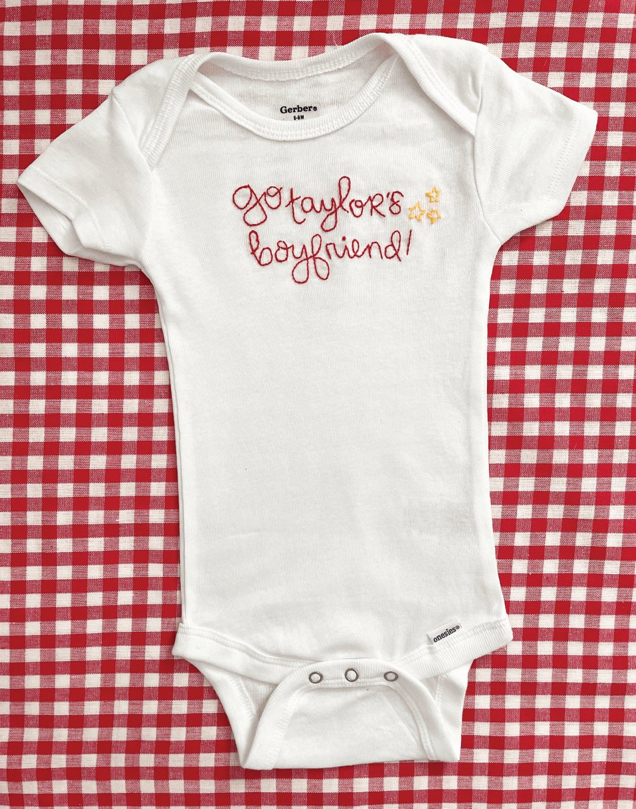 Go Taylor's Boyfriend Hand Embroidered Gerber Onesie®™ | Kansas City Chiefs Baby Outfit | Newborn Outfit | Travis Kelce | Taylor Swift