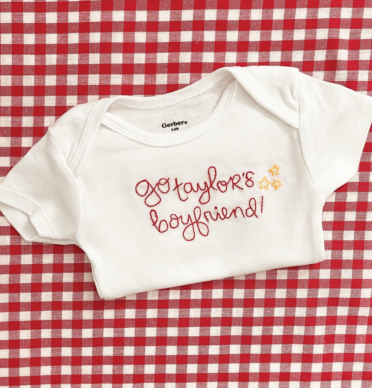 Go Taylor's Boyfriend Hand Embroidered Gerber Onesie®™ | Kansas City Chiefs Baby Outfit | Newborn Outfit | Travis Kelce | Taylor Swift