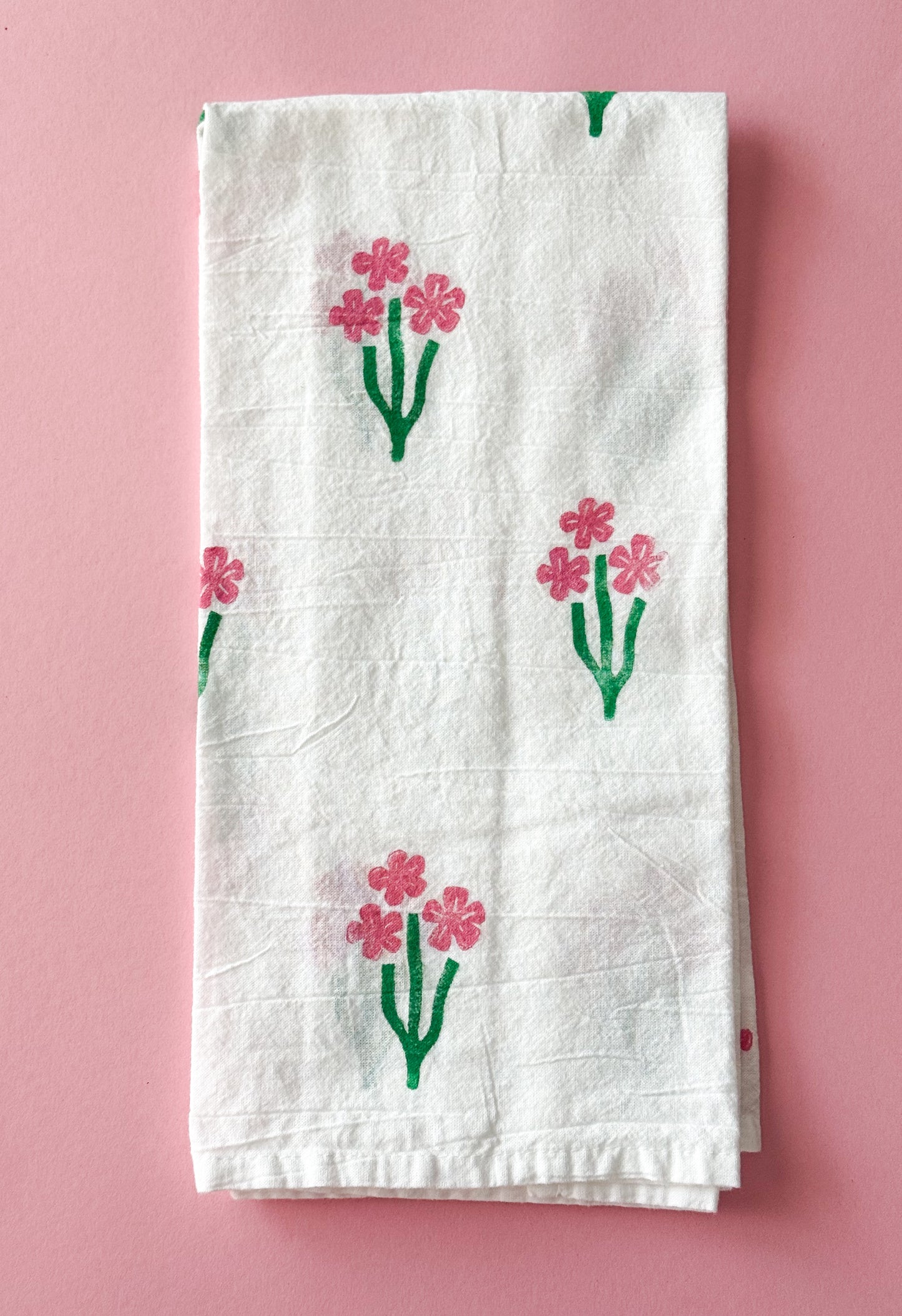 Pink Flower Trio Block Print Tea Towel