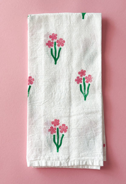 Pink Flower Trio Block Print Tea Towel