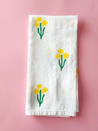 Yellow Flower Trio Block Print Tea Towel