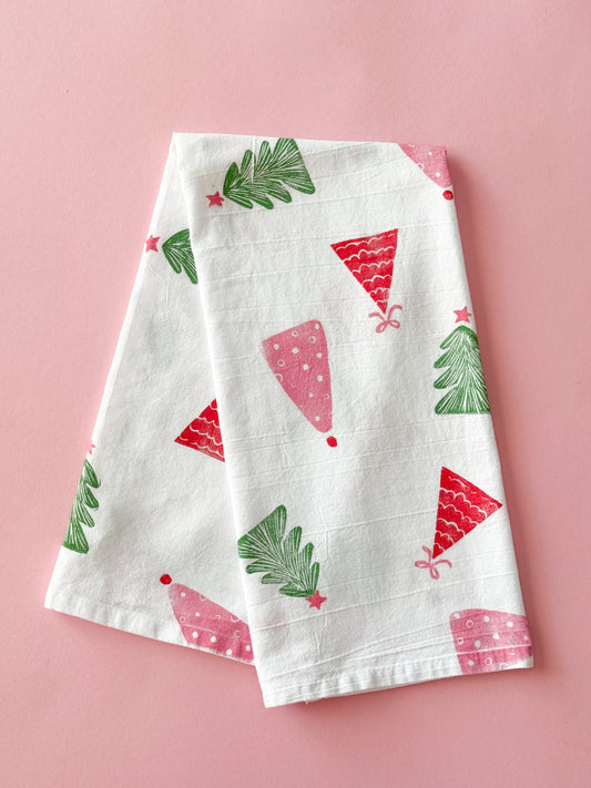 Holiday Trees Block Print Tea Towel