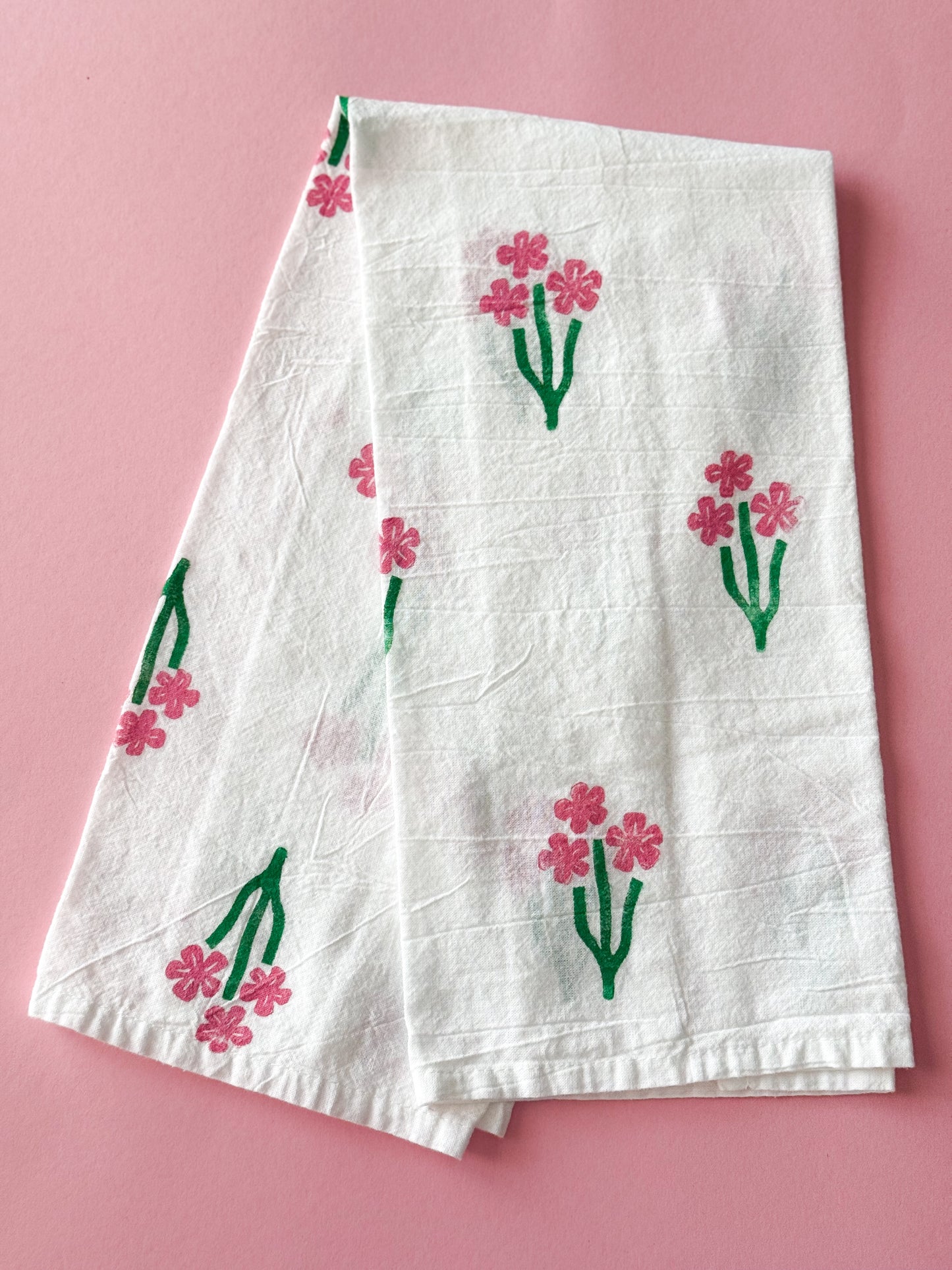 Pink Flower Trio Block Print Tea Towel