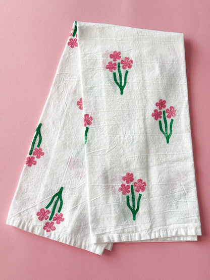 Pink Flower Trio Block Print Tea Towel