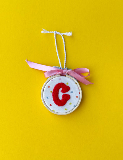 "C" Initial Hand Embroidered Felt Ornament | 2" Hoop