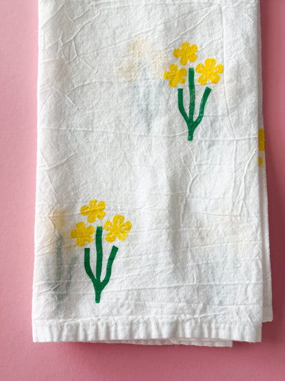 Yellow Flower Trio Block Print Tea Towel