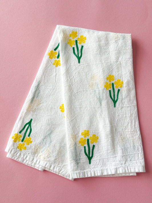 Yellow Flower Trio Block Print Tea Towel