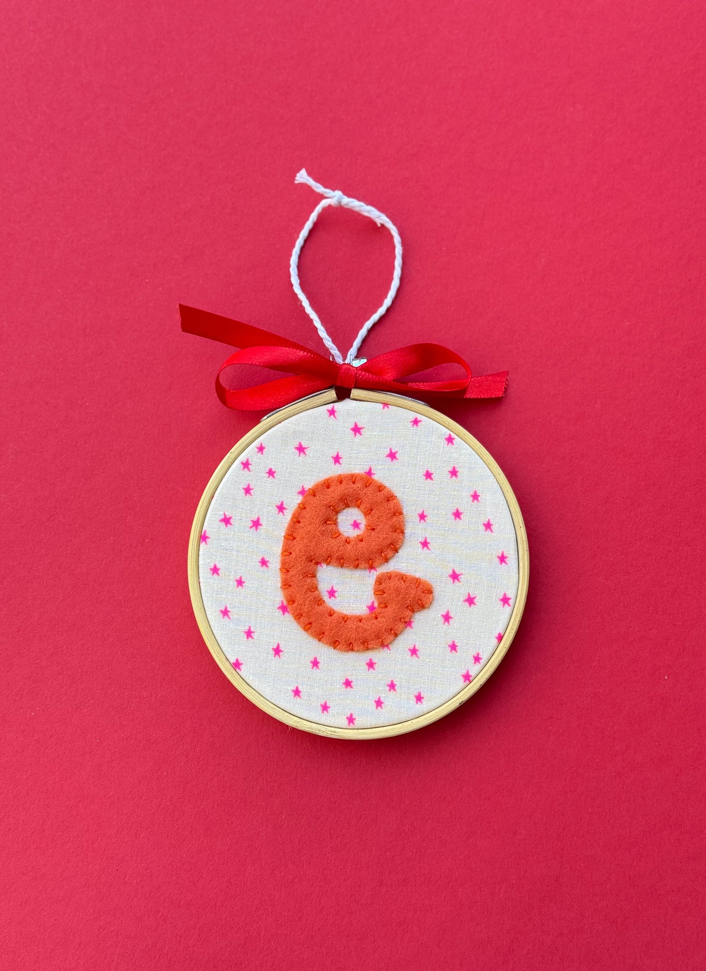 "E" Initial Hand Embroidered Felt Ornament | 4" Hoop