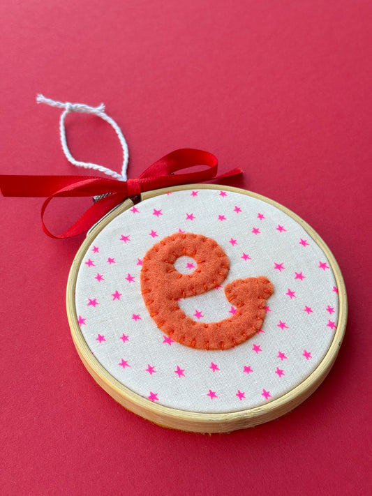 "E" Initial Hand Embroidered Felt Ornament | 4" Hoop
