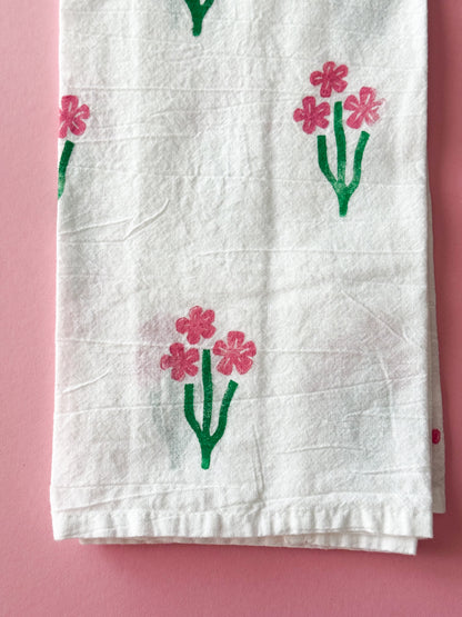 Pink Flower Trio Block Print Tea Towel