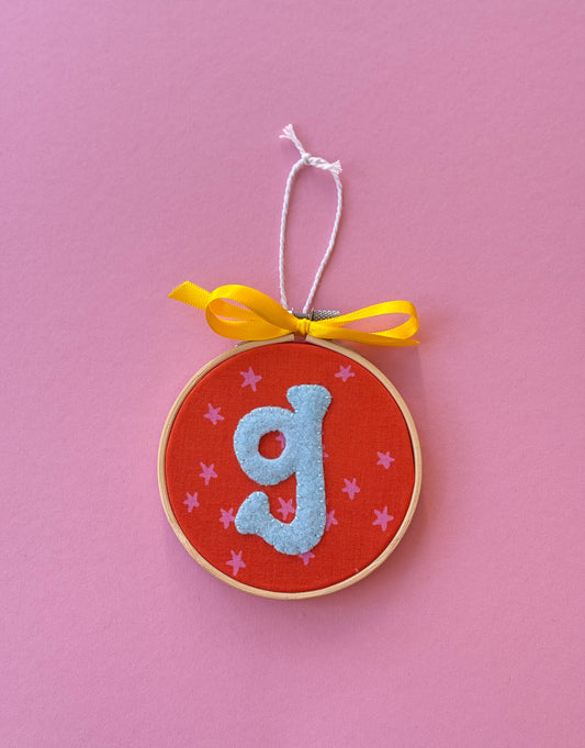 "G" Initial Hand Embroidered Felt Ornament | 4" Hoop