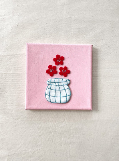 Flowers and Pink Hand Embroidery on Canvas, 6 x 6