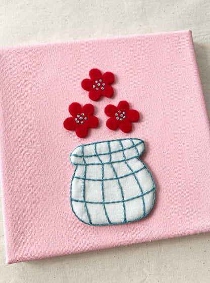 Flowers and Pink Hand Embroidery on Canvas, 6 x 6