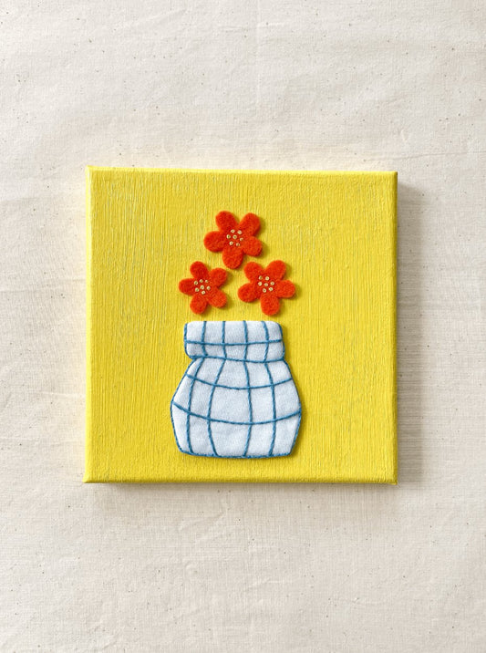 Flowers and Yellow Hand Embroidery on Canvas, 6 x 6