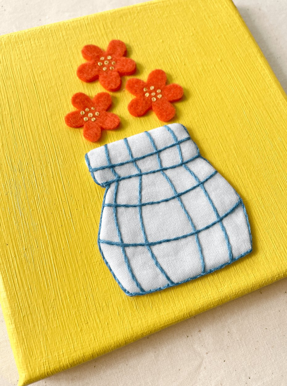 Flowers and Yellow Hand Embroidery on Canvas, 6 x 6