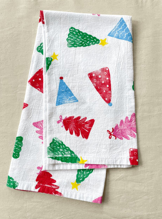Holiday Trees Block Print Tea Towel