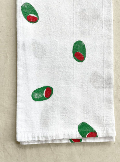 Olive Block Print Tea Towel