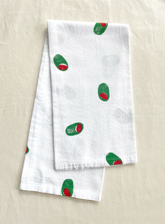 Olive Block Print Tea Towel