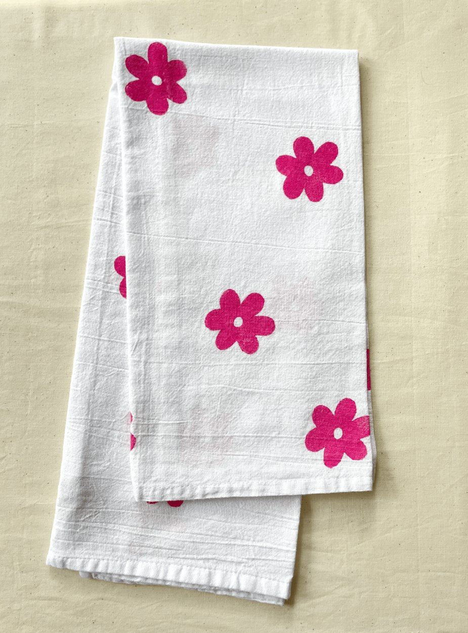 Flower Block Print Tea Towel