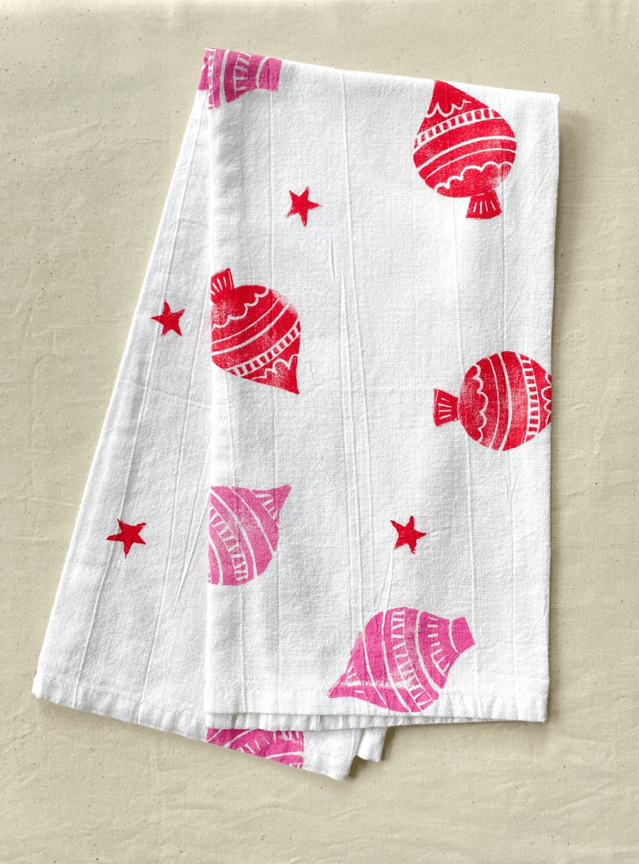 Pink & Red Ornaments Block Print Tea Towel
