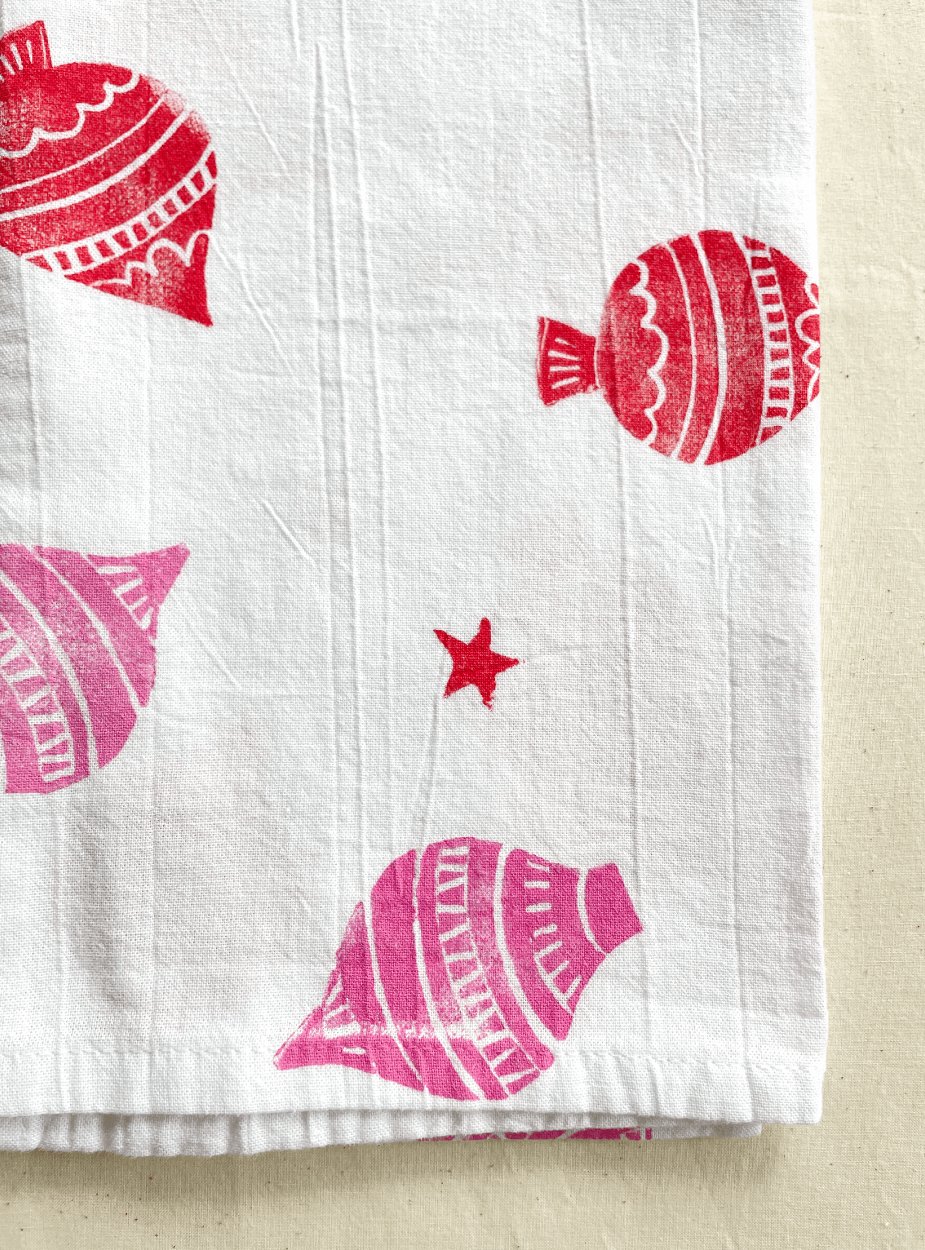 Pink & Red Ornaments Block Print Tea Towel