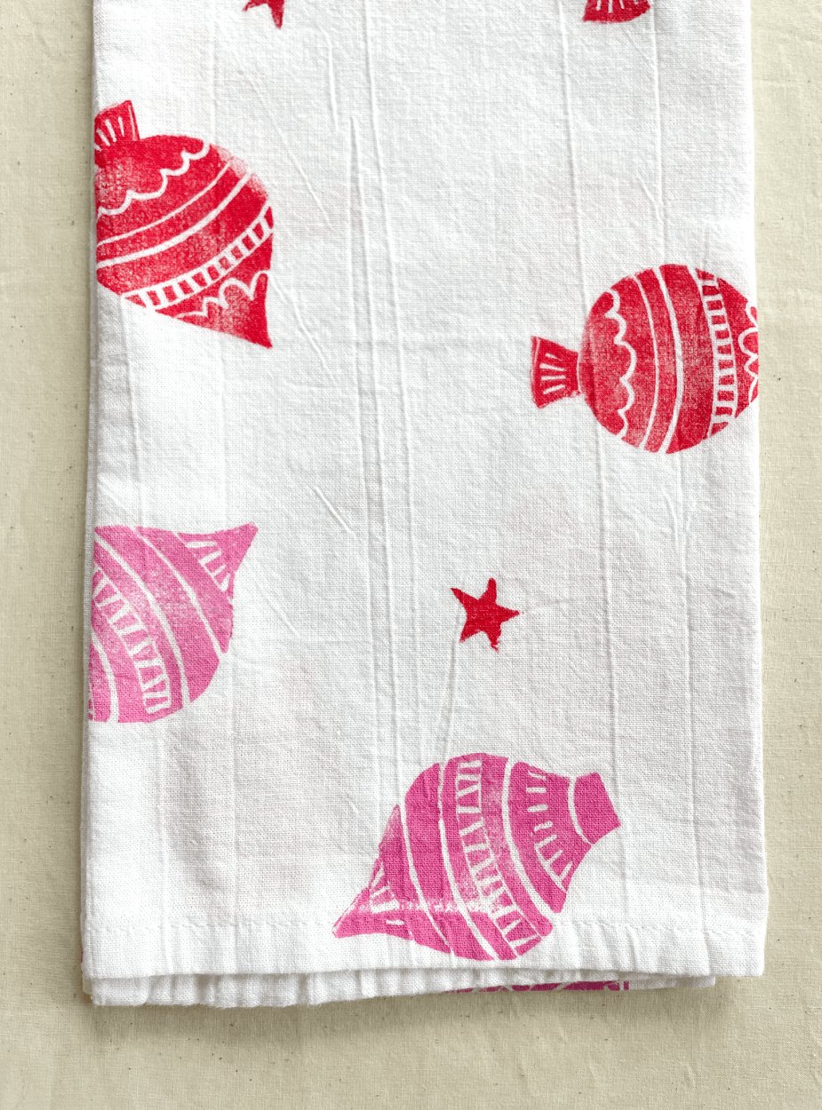 Pink & Red Ornaments Block Print Tea Towel