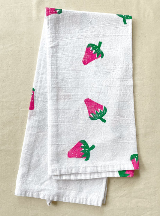 Strawberry Block Print Tea Towel