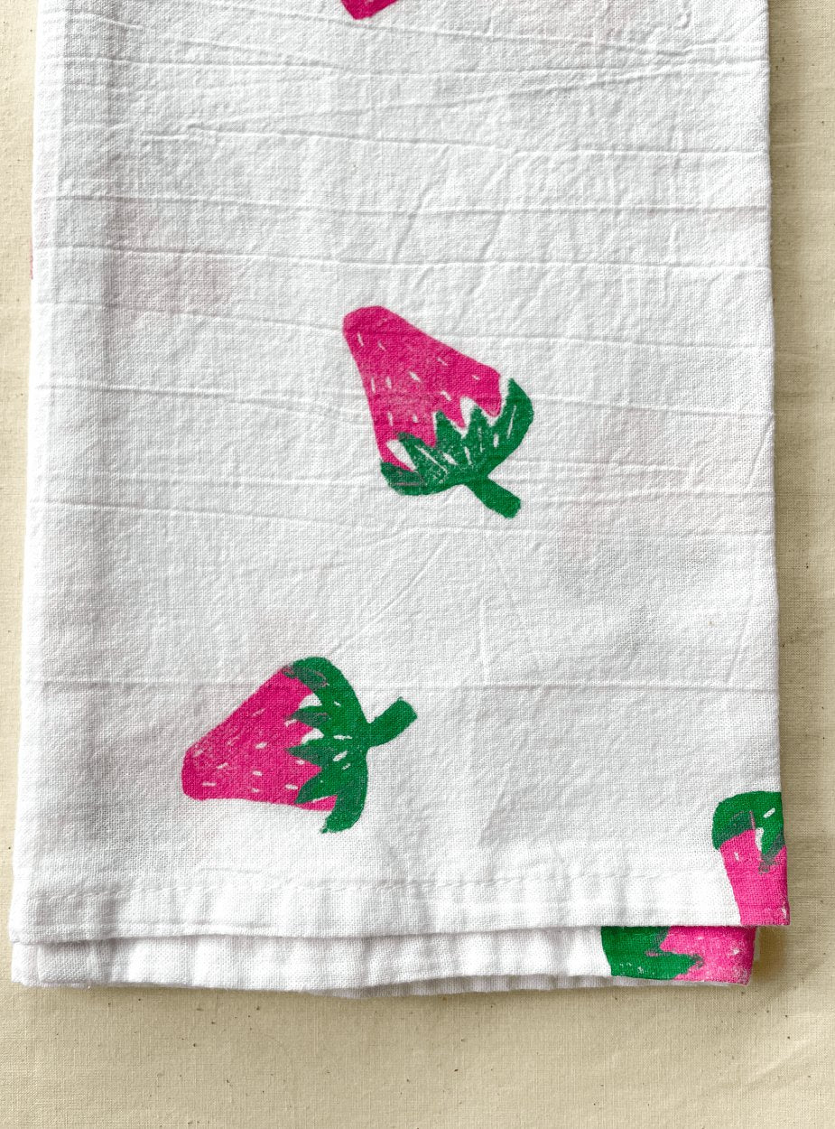 Strawberry Block Print Tea Towel