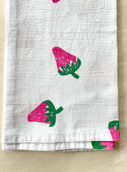 Strawberry Block Print Tea Towel