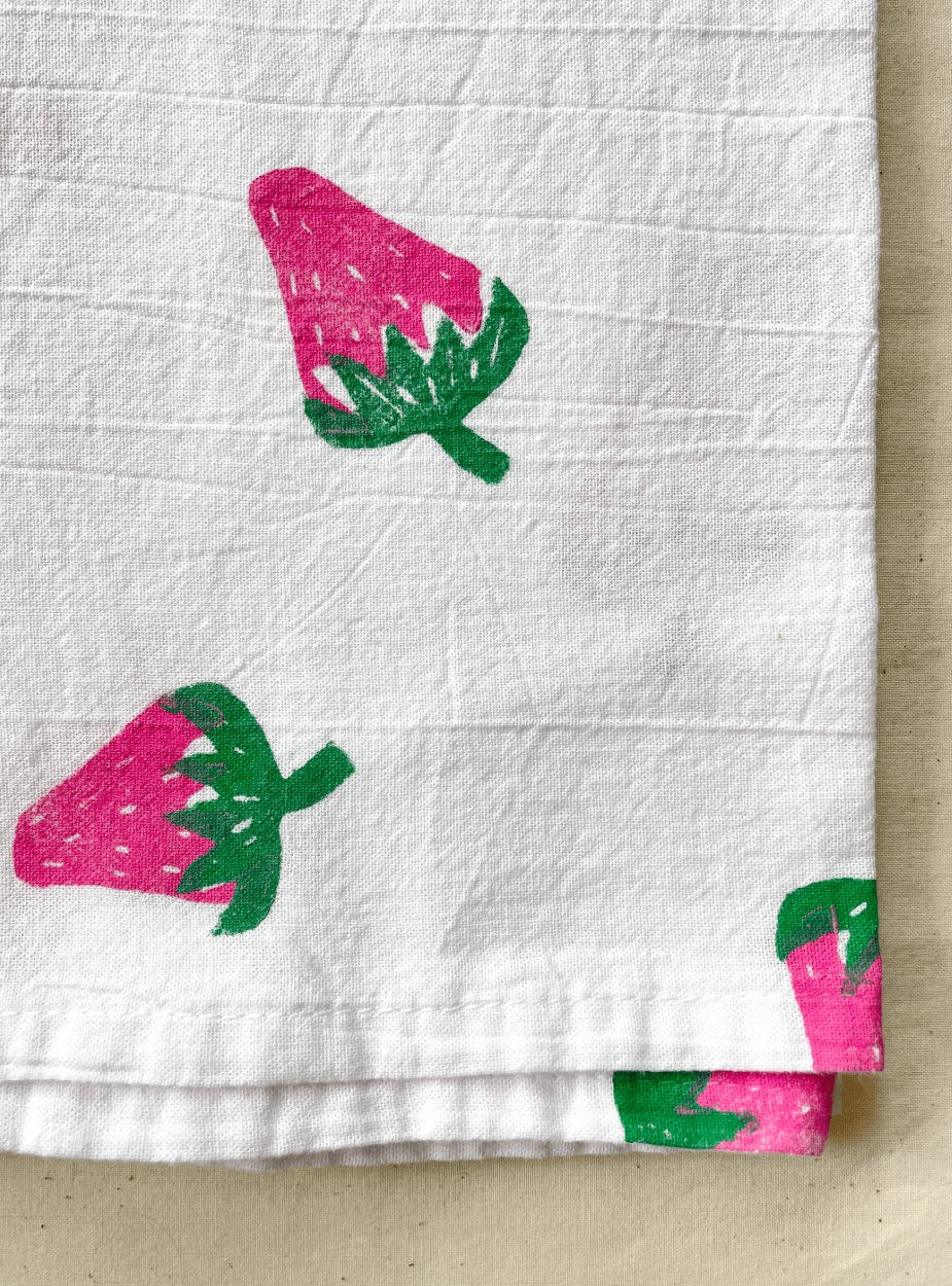 Strawberry Block Print Tea Towel