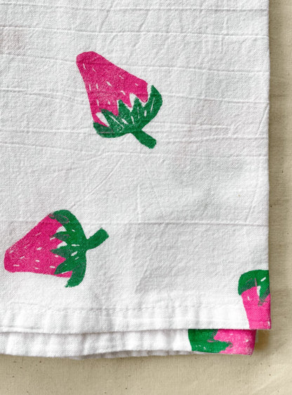 Strawberry Block Print Tea Towel