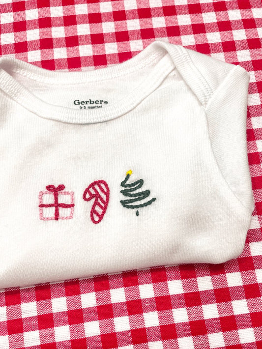 Christmas Trio Hand Embroidered Baby Bodysuit