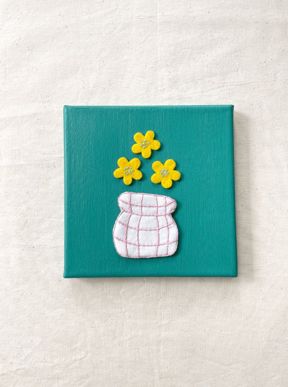 Flowers and Green Hand Embroidery on Canvas, 6 x 6
