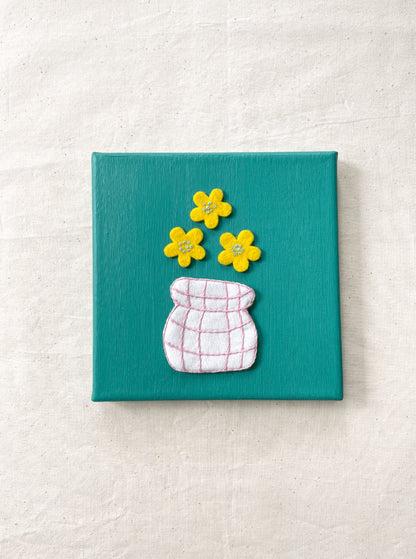 Flowers and Green Hand Embroidery on Canvas, 6 x 6