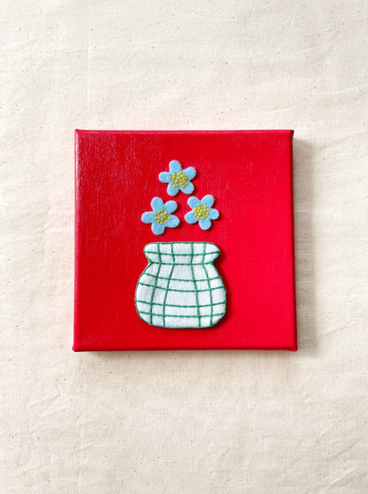 Flowers and Red Hand Embroidery on Canvas, 6 x 6