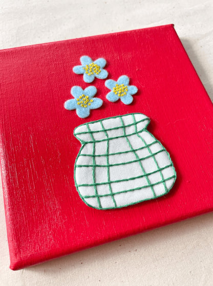 Flowers and Red Hand Embroidery on Canvas, 6 x 6
