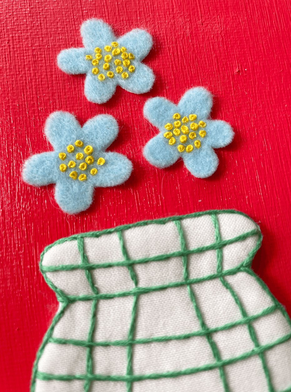 Flowers and Red Hand Embroidery on Canvas, 6 x 6