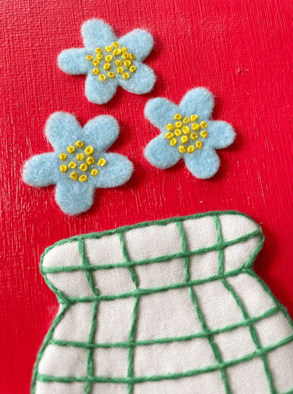 Flowers and Red Hand Embroidery on Canvas, 6 x 6